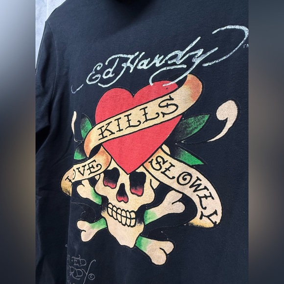 Ed Hardy VTG CHRISTIAN AUDIGIER Love Kills Slowly Hoodie Large SKULL Grunge Y2K - Picture 4 of 10